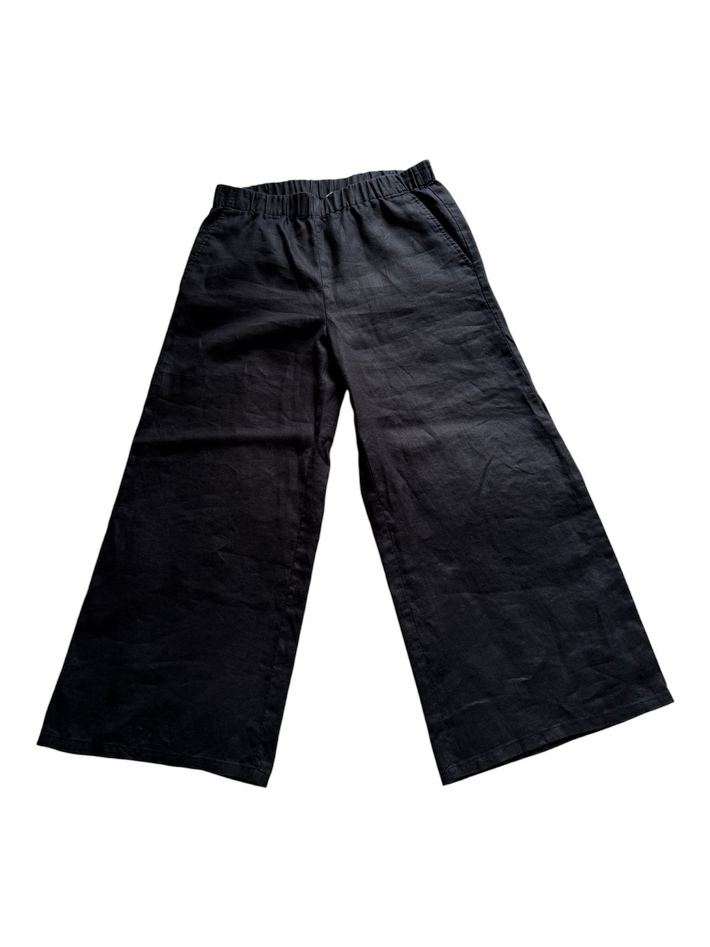 Eileen Fisher XS Black Organic Linen Wide Leg Pull-On Pants